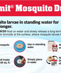 Organic Mosquito Dunk Larvicide Outdoor Pond And Bird Bath Bug Stopper description and usage instructions on a colorful background.