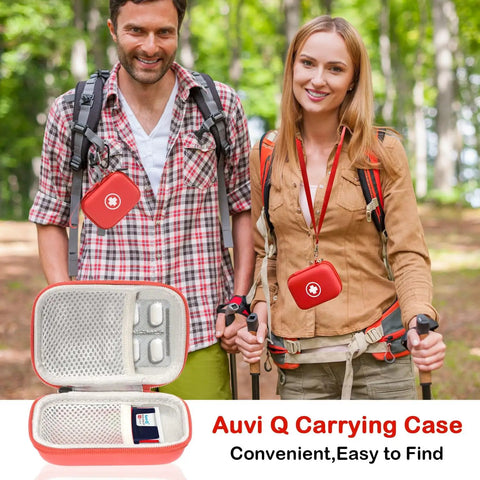 Auvi Q Carrying Case For Two Auto Injectors Emergency Bag With Carabiner And Lanyard, shown worn by hikers in a forest