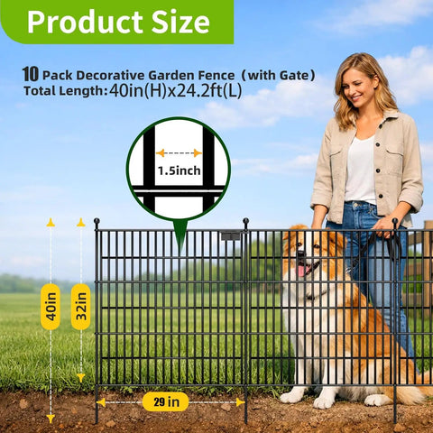 No Dig Garden Fence Kit With Gate, 10 Metal Panels, 32 Inch High, 24.2 Feet Long, Rustproof Outdoor Fence For Pets shown in use