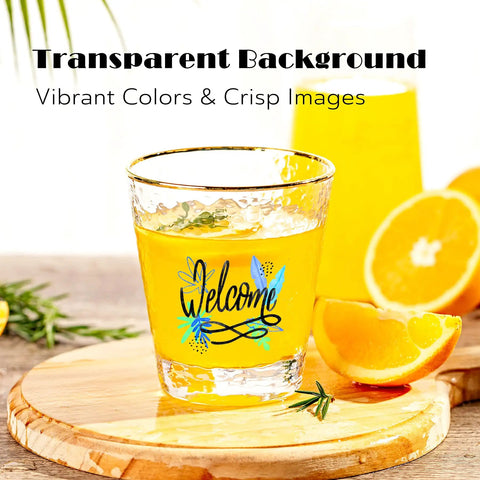 Inkjet Clear Waterslide Transfer Paper on glass with welcome design, vibrant colors, transparent backdrop, 8.5x11 inches.