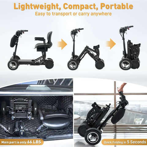4-Wheel Foldable Electric Mobility Scooter For Adults And Seniors shown folding sequence and trunk storage