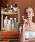 Kick Back And Organize Your Vanity Game With This Smooth Spin 360 Rotating Makeup Organizer Featuring Two Tier High Capacity Storage For Cosmetics Skincare And Perfume In Classic Amber Gold with beauty products displayed.