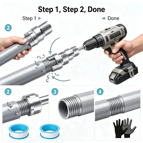 Nifty 4 In 1 Pvc Pipe Threader Kit Cuts Threads Taps Grooves And Preps Fittings For 1/2 3/4 And 1 Inch Pipes in use with a power drill.