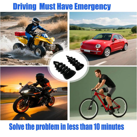 Collage featuring bicycles, car, motorcycle, and ATV with a Vacuum Tire Repair Kit With 30 Pieces Spiral Rubber Nails Box And Screwdriver Included Easy Self Repair For Cars Motorcycles Trucks And Tractors DIY Patch Up Fast