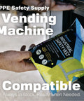 Person retrieving High Visibility Safety Vest Type R Class 2 ANSI Certified from vending machine for industrial use.