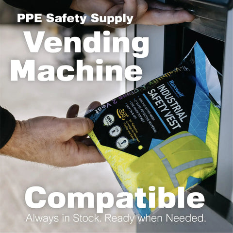 Person retrieving High Visibility Safety Vest Type R Class 2 ANSI Certified from vending machine for industrial use.