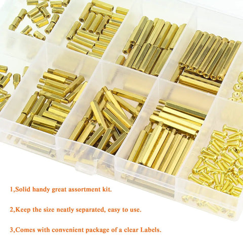 Brass M2 Spacers And Screws Kit 322 Piece Set With 10 Sizes Of Female To Female Hex Standoffs M2x5mm Screws in clear case