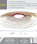 24V White LED Strip Lights, 60 LEDs Per Meter, 32.8 Feet, 3000K Warm White, high-density tape with adhesive, connectors, and clips