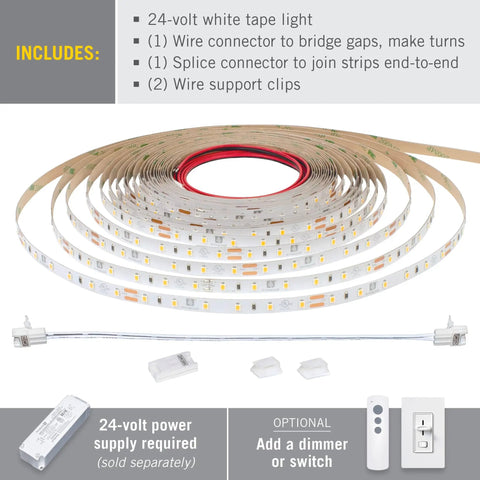 24V White LED Strip Lights, 60 LEDs Per Meter, 32.8 Feet, 3000K Warm White, high-density tape with adhesive, connectors, and clips