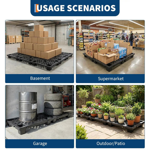 4 Pack Plastic Pallet With Perforated Ventilated Grid, Modular Stackable Tray, used in various settings including supermarket and garage