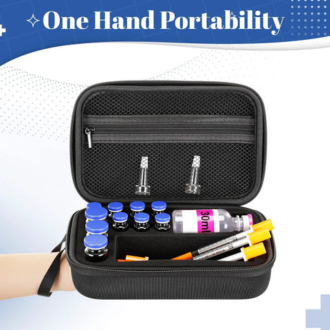 Open black 3ml Vial Storage Case For Bac Water And Peptide Vials with Custom Foam Compartments and mesh pocket, showing vials inside.