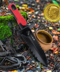 Heavy Duty Double Serrated Edge Digger With Sheath For Metal Detecting And Gardening shown with coin and detector