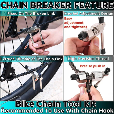 Portable 3 Piece Bicycle Chain Tool Set With Link Pliers Chain Drift Tool And Chain Hook For Quick Repairs On The Go A Complete Bike Repair Kit For Home Or Travel showing different uses of chain breaker features.
