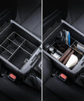 Center Console Organizer For Tacoma Gen 3 2016 2023 3 Piece Tray Set With Custom Fit Design showing empty and filled trays inside truck