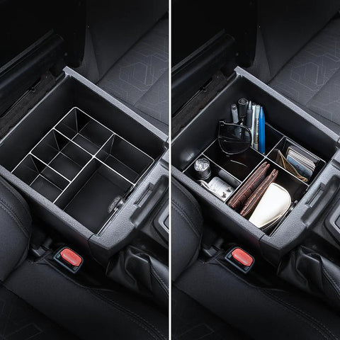 Center Console Organizer For Tacoma Gen 3 2016 2023 3 Piece Tray Set With Custom Fit Design showing empty and filled trays inside truck