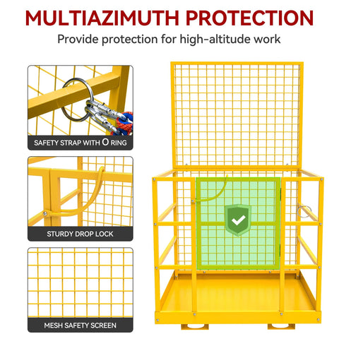 YITAMOTOR forklift safety cage, yellow metal work basket, 43x45 in, 1400 lb rating, front view