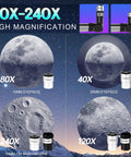 High Powered 90mm Refractor Telescope With 800mm Focal Length For Adults And Beginners showing eyepieces and moon magnification