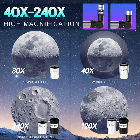 High Powered 90mm Refractor Telescope With 800mm Focal Length For Adults And Beginners showing eyepieces and moon magnification