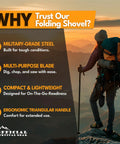 Hiker with backpack overlooking mountains highlighting benefits of Foldable 18 Inch Survival Shovel With Saw Edge Military Grade Carbon Steel.