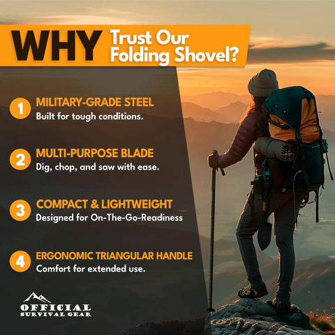Hiker with backpack overlooking mountains highlighting benefits of Foldable 18 Inch Survival Shovel With Saw Edge Military Grade Carbon Steel.
