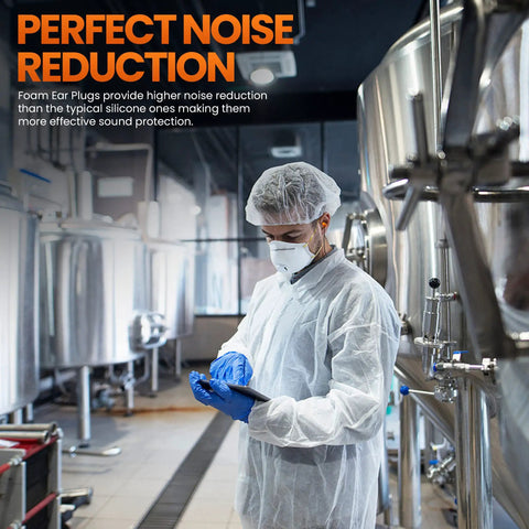 Worker in protective gear in industrial facility using Detectable Foam Earplugs 50 Pairs NRR 32dB With Detectable Cord