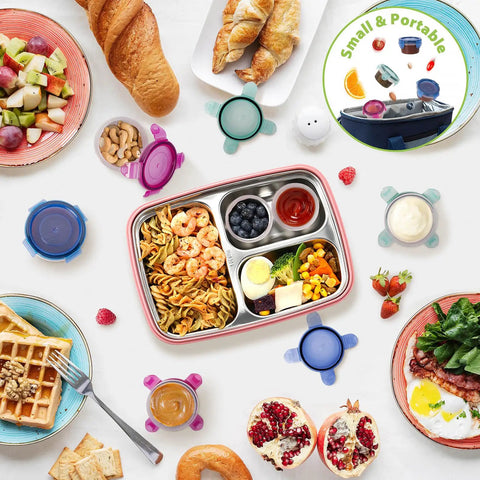 Lunch spread with 6 Pack 2.7 Oz Condiment Containers With Leakproof Lids For Grab And Go Meals; various dishes and sauces displayed.