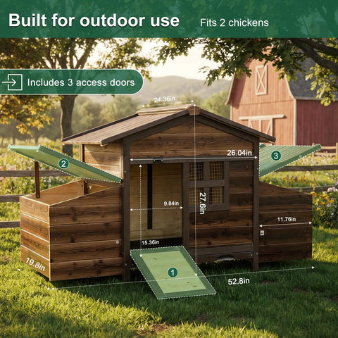 Spacious Wooden Chicken Coop With Two Nesting Boxes For Your Backyard Flock, showing size and outdoor features.