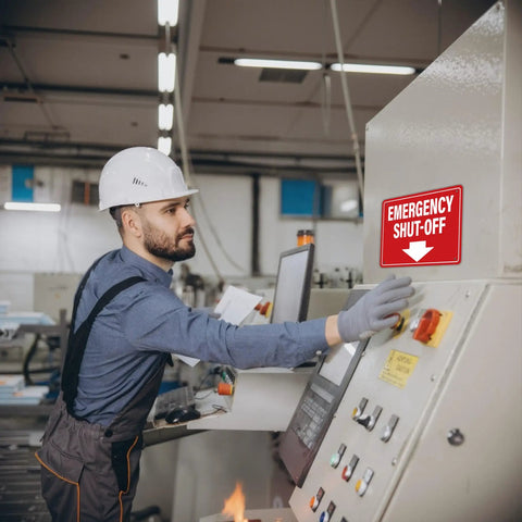 Badass Emergency Shut Off Sign Sticker With Knockout Down Arrow Hella Waterproof Self Adhesive Heavy Duty Safety Marker For Power Tools And Factory Equipment on control panel at a factory.