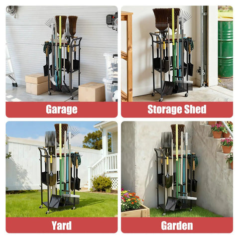 Heavy Duty Rolling Garden Tool Organizer On Wheels With 14 Hooks And 5 Slots, 3 Tier Metal Cart in garage, storage shed, yard, garden