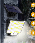 Outdoor Solar Flood Lights With Motion Sensor, 106 LED 3000LM, IP65 Waterproof, mounted on wall in rain, highlighting features