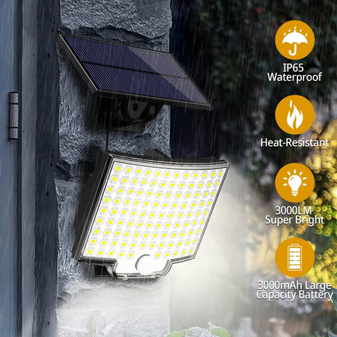 Outdoor Solar Flood Lights With Motion Sensor, 106 LED 3000LM, IP65 Waterproof, mounted on wall in rain, highlighting features