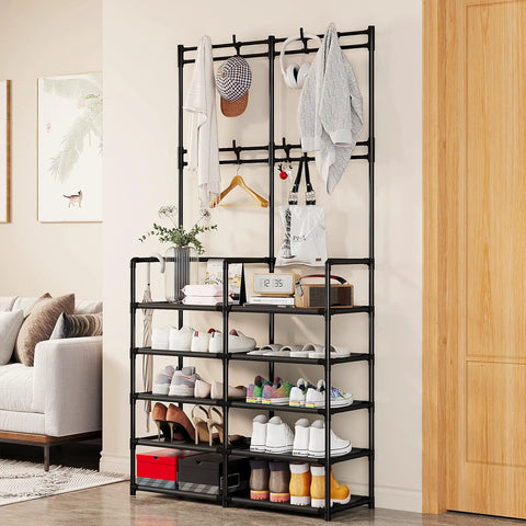 Five Tier Coat and Shoe Rack with Eight Hooks Double Row Organizer for Entryway and Living Spaces Keeps Shoes Hats Bags Neatly Organized in Black for Entryways Closets and Mudrooms Space Saver All In One against a wall