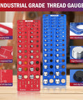 76-piece thread gauge set, front view, with 34 standard, 26 metric, and 16 screw sizes; red and blue dual-plate gauges.
