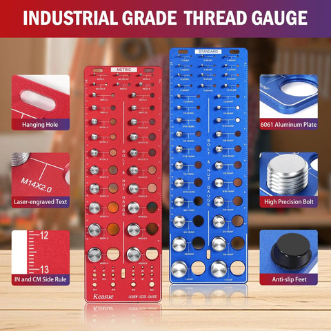 76-piece thread gauge set, front view, with 34 standard, 26 metric, and 16 screw sizes; red and blue dual-plate gauges.
