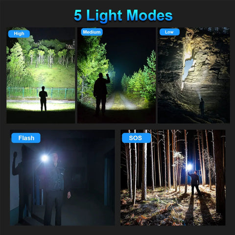 Image showing the Crazy Bright 90000 Lumens Rechargeable LED Flashlight Set with 5 modes: High, Medium, Low, Flash, SOS.