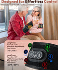 Couple using No Cords Red Light Therapy Wearable Wrist Massager with Infrared Heating Pad and Vibration, control panel close-up.
