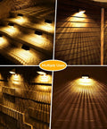 Eight Pack Solar Fence Lights With Warm White And RGB, 10 Lighting Modes, illuminating steps, fence, and walls at night.