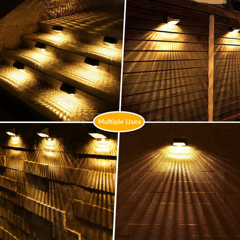 Eight Pack Solar Fence Lights With Warm White And RGB, 10 Lighting Modes, illuminating steps, fence, and walls at night.