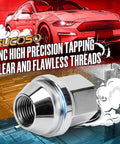 Chrome Lug Nuts M14x1.5, 20 Pcs Acorn Style Direct Fit product with Mustang illustration and CNC text