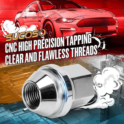Chrome Lug Nuts M14x1.5, 20 Pcs Acorn Style Direct Fit product with Mustang illustration and CNC text