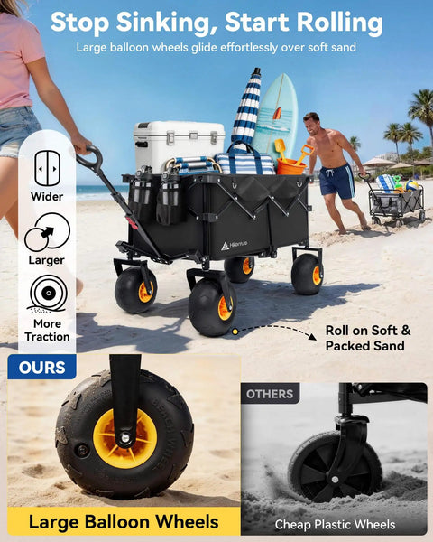 Beach Wagon With Balloon Wheels Seven Point Five Inch Soft Sand Glide Heavy Duty Cart loaded with gear on sand