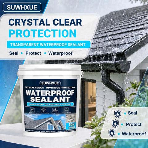 Heavy Duty Clear Waterproof Sealant 5 Gallon Water Based Flexible Coating shown on roof, ideal for sealing leaks and protection.