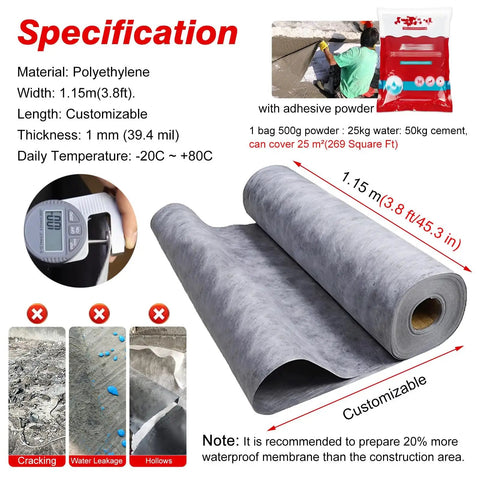 Heavy Duty Waterproof Membrane Sheet For Pool Decks And Basement Floors With Tough Flex DIY Cutting No Fuss Indoor Outdoor Setup Roofing Underlayment Serves As A Knockout Foundation Water Barrier Roll At Fifty Five Feet, showcasing 1.15m wide polyethylene roll.
