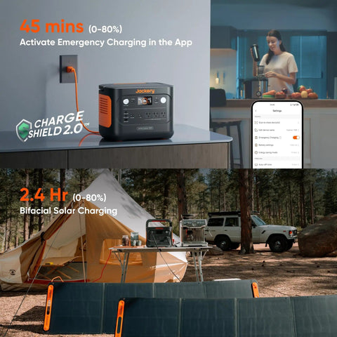 Explorer 1000 V2 Portable Power Station 1070Wh LiFePO4 Battery in kitchen and campsite with solar panels.