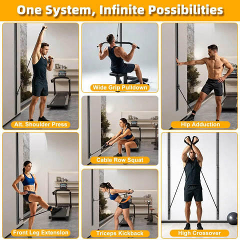 Built Different Adjustable Aluminum Resistance Band Wall Anchor With 40 Inch Sliding Track And 39 Precise Height Positions For Top Shelf Home Gym Training exercises in a home gym setup.