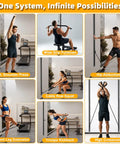 Adjustable Aluminum Resistance Band Wall Mount With 40 Inch Self Locking Track For Home Gym Fitness Anchors Snappy Height Adjust and Space Saving Workout Rig in use with various exercises.