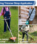 Collage of universal shoulder strap used with string trimmer, leaf blower, and multihead system for outdoor tools.