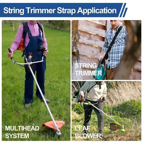Collage of universal shoulder strap used with string trimmer, leaf blower, and multihead system for outdoor tools.