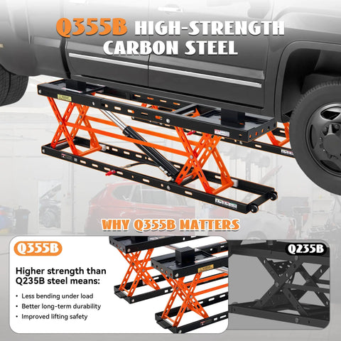 Heavy Duty 5000 Lb Portable Car Lift With Rock Solid Q355B Steel Scissor Jack and Dual Locking Pins lifting an SUV.