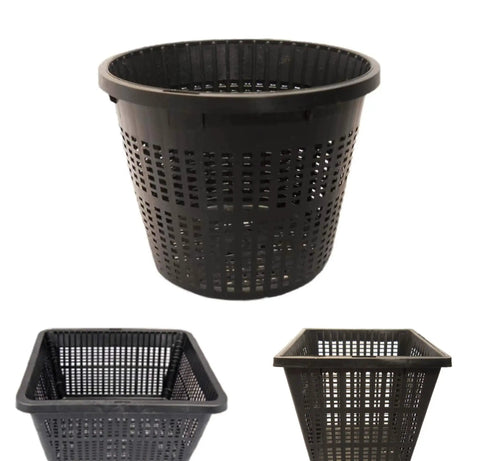 Eight Pack Water Garden Planting Baskets Kit With Slotted Mesh For Pond, Aquaponics And Hydroponics, black round and square baskets